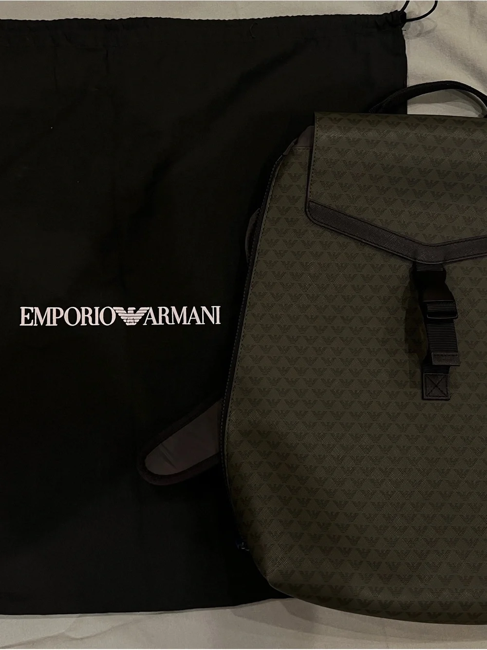 Emporio Armani Olive Logo-Print Backpack with Black Trim